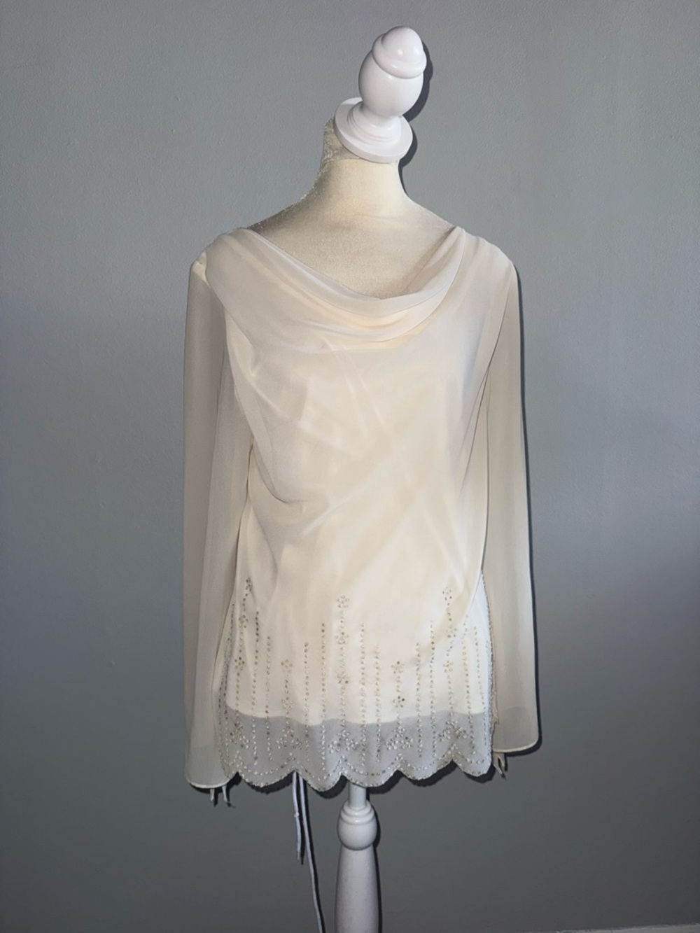Xscape Cream Beaded Draped Cowl Necko Blouse